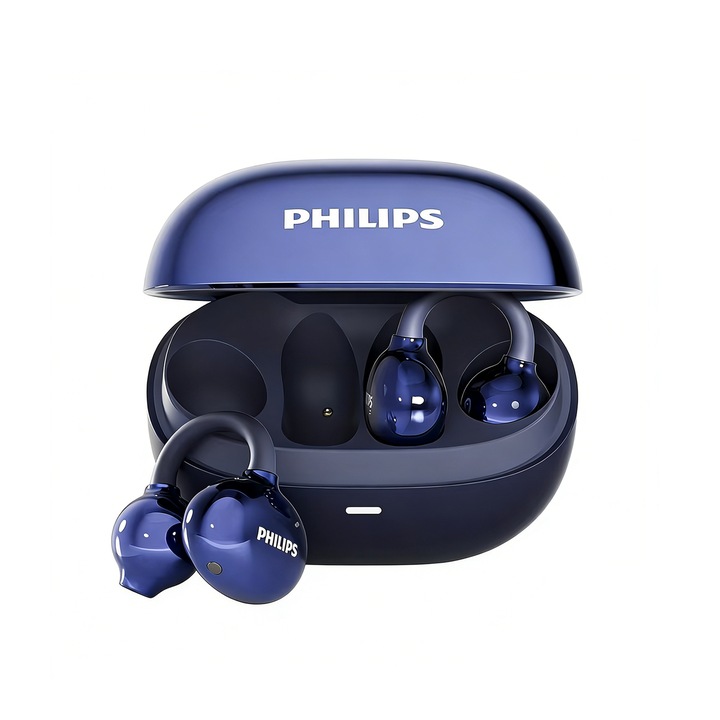 Philips TAT3469, Casti, Casti True Open Ear, Casti True Wireless, Rezistente la apa si praf IP54, Baterie de lunga durata, Sunet stereo la 360°, Potrivire confortabila pe urechile deschise, Antiderapante pentru sport, Antrenamente, Albastru