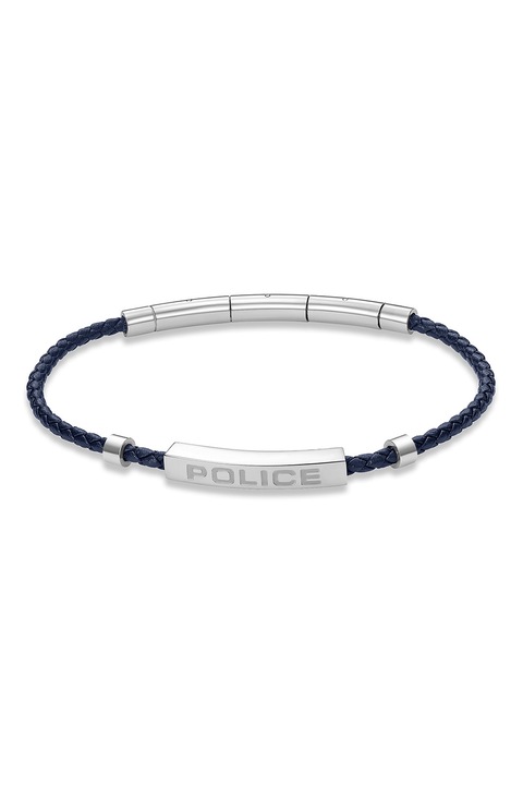 Police, Fonott bőr karkötő acélrészletekkel, Ezüstszín, Tengerészkék