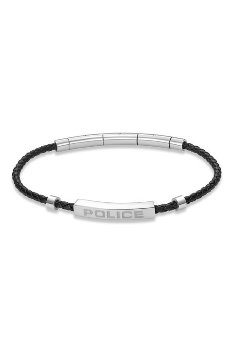 Police, Bőr karkötő fémlogóval, Fekete, Ezüstszín