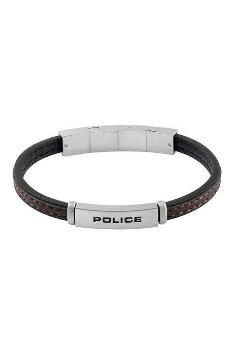 Police, Logós bőr karkötő, Konyakbarna/Ezüstszín/Sötétszürke, 18 CM