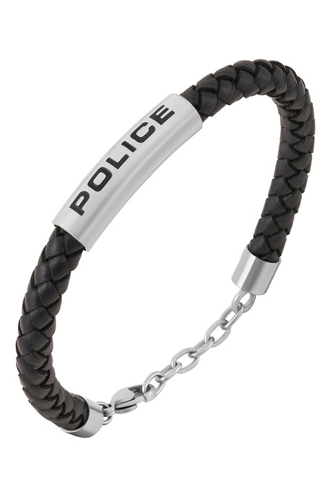Police, Skyfall Armband logós bőr karkötő, Fekete, Ezüstszín