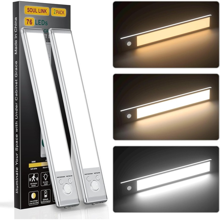 2 db LED Mozgásérzékelős Világítótest Készlet, MNK®, 2200mAh USB Újratölthető, Vezeték Nélküli, Hordozható, Mágneses Tartóval, Öltözőbe, Konyhaszekrénybe, Fürdőszobába, Előszobába, Lépcsőre – 30cm, Ezüst