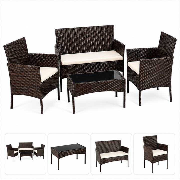 Set Mobilier Terasa si Gradina Technoratan Premium Maro, Canapea 2 Locuri + 2 Fotolii + Masa Cafea cu Sticla Securizata, Mobilier Exterior pentru Balcon Curte si Foisor