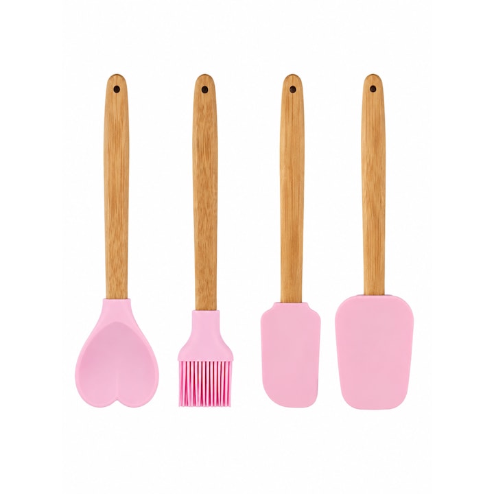 Set 4 Spatule din Silicon Alimentar cu Maner Bambus, Ideal pentru Gatit si Patiserie, Rezistent la Temperatura, 28 cm, Roz