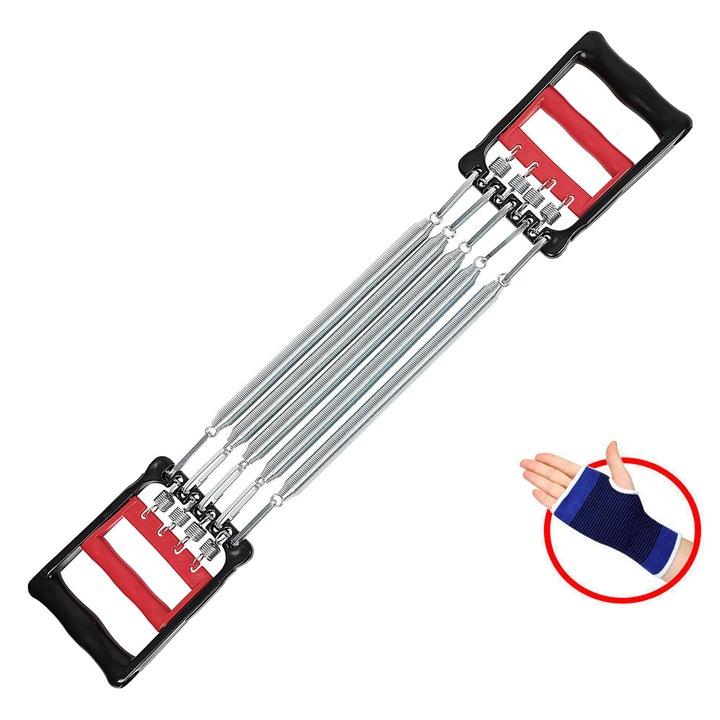 Extensor fitnesz 5 rugóval, AFKSMILE, Kesztyűvel, Multifunkcionális, Levehető, Állítható, Könnyen használható, Otthoni edzéshez, edzőterembe, Izomerősítéshez, Rugóacél, 33*13cm, Fekete/Ezüst
