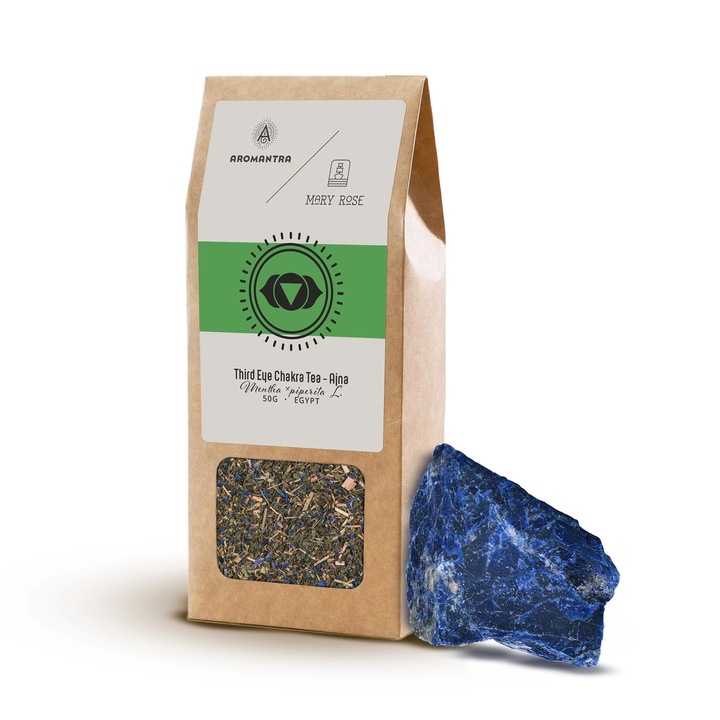Ajna Harmadik Szem Chakra Szett, Aromantra, Tea, 50g, Szodalit, 60-120g, Az Intuíció és Koncentráció Köve, Pozitív Energia, Mentális Tisztaság, Meditáció, Prémium Spirituális Rituálé, Ezoterikus Ajándék, Harmónia, Metafizika, Zen, Jóga, Kristályok