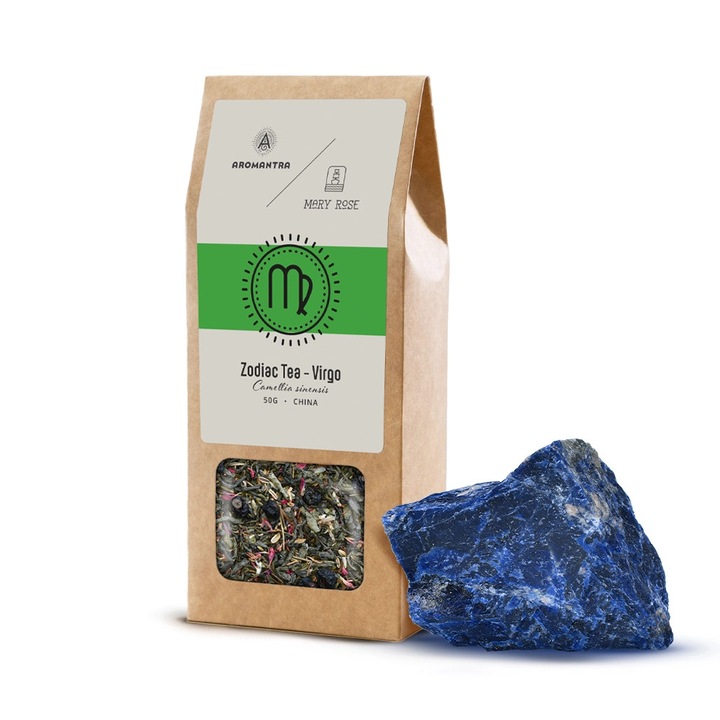 Szűz Csillagjegy Szett, Aromantra, Tea, 50g, Szodalit, 60-120g, Az Intuíció és Koncentráció Köve, Pozitív Energia, Mentális Tisztaság, Meditáció, Prémium Spirituális Rituálé, Ezoterikus Ajándék, Harmónia, Metafizika, Zen, Önfegyelem, Kristályok