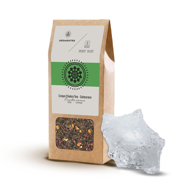 Sahasrara Koronachakra Szett, Aromantra, Tea, 50g, Hegyikristály, 60-200g, Tisztító és Energetizáló Kő, Mentális Tisztaság, Pozitív Energia, Meditáció, Prémium Spirituális Rituálé, Ezoterikus Ajándék, Harmónia, Metafizika, Zen, Jóga, Kristályok