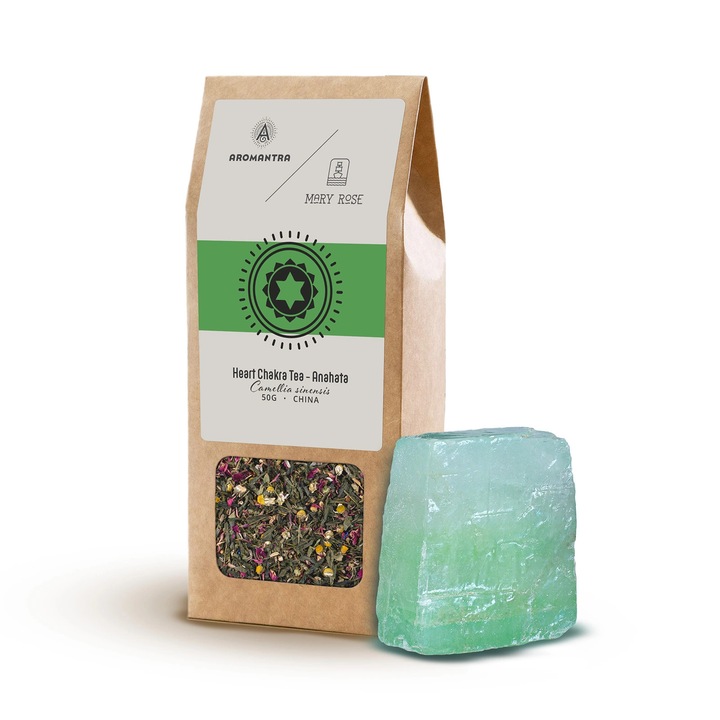 Anahata Szívcsakra Szett, Aromantra, Tea, 50g, Zöld Kalcit, 60-140g, A Harmónia és az Egyensúly Köve, Pozitív Energia, Szeretet, Együttérzés, Meditáció, Prémium Spirituális Rituálé, Ezoterikus Ajándék, Metafizika, Zen, Jóga, Kristályok
