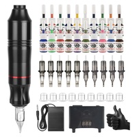 Set complet de tatuaj profesional, masina de tatuat rotativa tip stilou fara fir, kit de tatuaj cu ace tip cartus, cerneala colorata 20x5ml, motor puternic 10000 RPM, masina de tatuaj profesionala portabila, design ergonomic anti-alunecare, pentru salon s