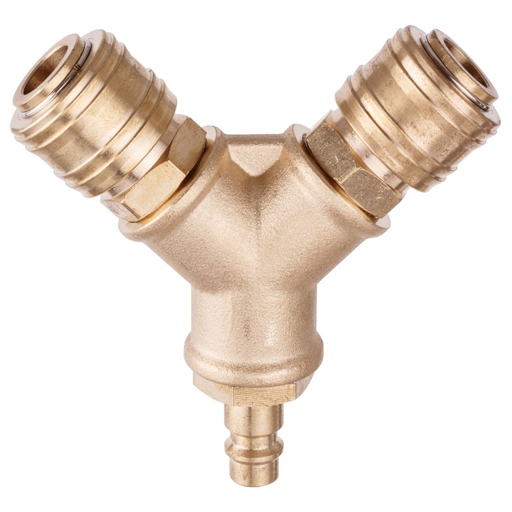 Distribuitor aer pneumatic 1/2" din alama, trident T, cu 2 cuple rapide tip 26, pentru compresor, 16 bar