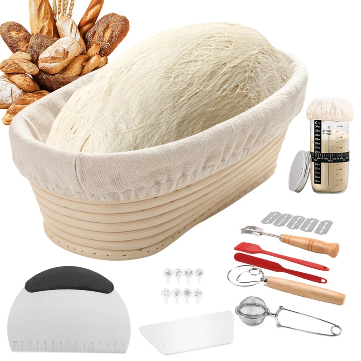 Set ustensile pentru copt paine Juksun, cos de dospit din ratan natural, borcan sticla 730ml, termometru indicator, lemn/inox/silicon, natural, 25cm