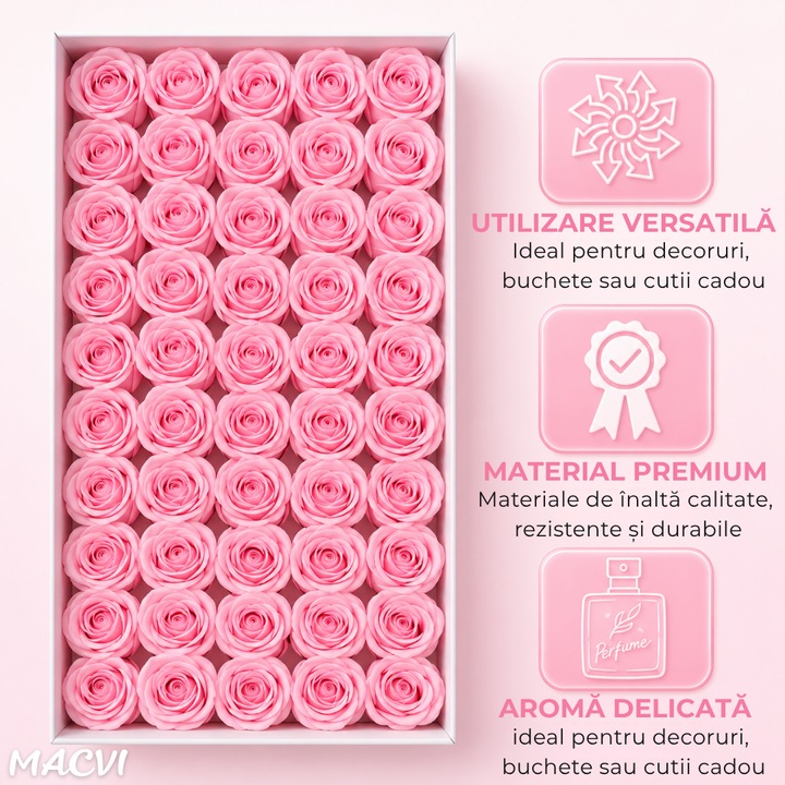 Set 50 trandafiri din sapun, 5x5 cm, calitate premium, decor si cadou elegant, Roz deschis