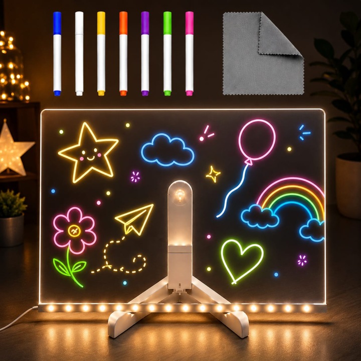 Tabla de Desen si Scriere Infiniteea™, LED, Acrilica, 30x20cm, Interactiva, Multifunctionala, Include 7 Markere Colorate, Suport Reglabil Inclus si Laveta, Ideala pentru Copii sau Organizare Birou, Alimentare USB, Alb