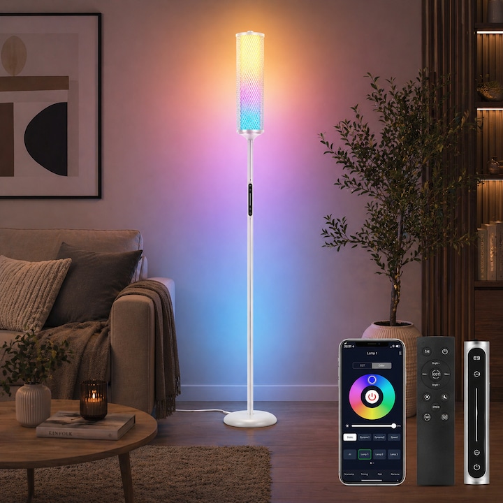 Lampadar de podea RGBICW Smart LED, lampa de podea cu control app si telecomanda, 16M culori, 32 moduri, sincronizare muzica, veioza reglabila 2200K-6500K, 1500lm, pentru dormitor, living, hol, balcon, casa, alb