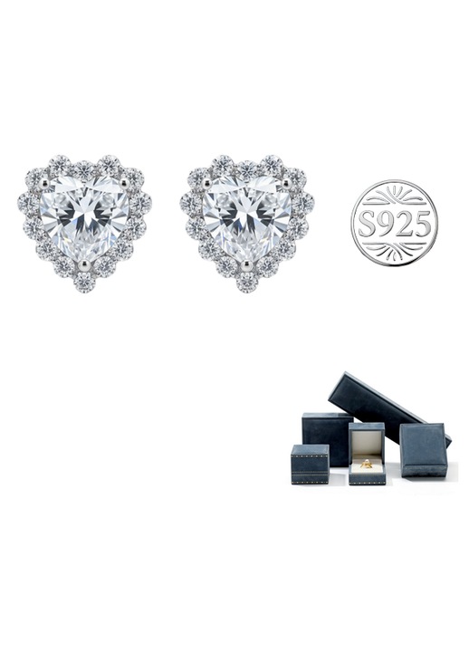 Női fülbevaló 5A cirkóniával - 925 ezüst platina bevonattal, szív 6x5mm, glóriával és apró kövekkel, hipoallergén, elegáns ajándékdobozban