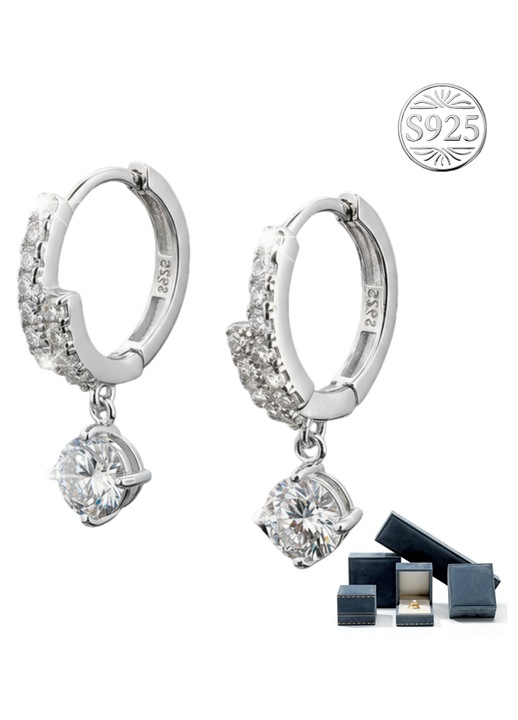 Női fülbevaló moissanittal 0.5CT D, VVS1 – 925 ezüst, karika kialakítás medállal, hipoallergén, GRA tanúsítvánnyal, elegáns ajándékdobozban, luxus ékszer, etikus és ökológiai választás