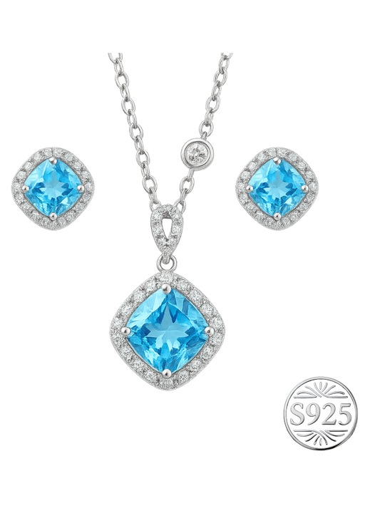 Női ékszer szett - 925 ezüst platina bevonattal, kék cirkónia 6x6mm, glóriával, nyaklánc + fülbevaló, hipoallergén, elegáns ajándékdoboz