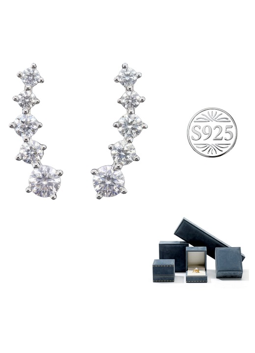 Női fülbevaló 5A cirkóniával – 925 ezüst, platina bevonattal, lépcsőmintás, 5 köves, mikro foglalat, hipoallergén, elegáns ajándékdobozban