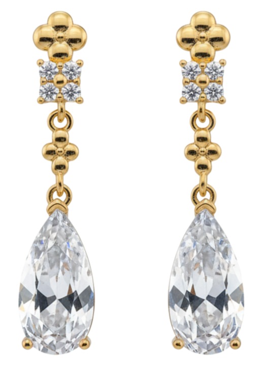 Fülbevaló Drop – 14K Arannyal Bélelt Réz, 3A Zirkónia, Láb Forma, Virágos Felső Rész, Elegáns Design