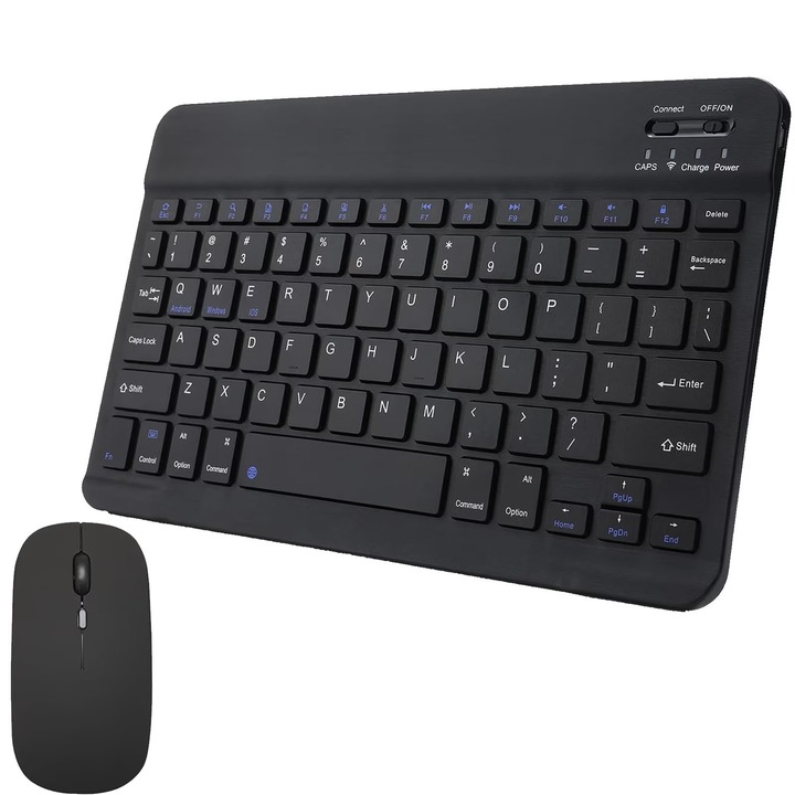 Kit Tastatura + Mouse Wireless Bluetooth Sigloo®, compatibil cu orice tableta, smartphone, laptop, Tv, calculator, Slim, Silentios, Multi-Device (iOS/Android/Windows), Negre