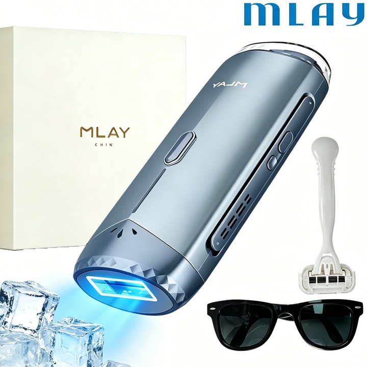 Епилатор IPL Mlay® T18, Апарат за трайна лазерна епилация, 500 000 импулса, Автоматичен и ръчен режим, 5 нива на интензитет, Сензор за кожа, За лице, бикини зона, крака, гръб, Сиво-син