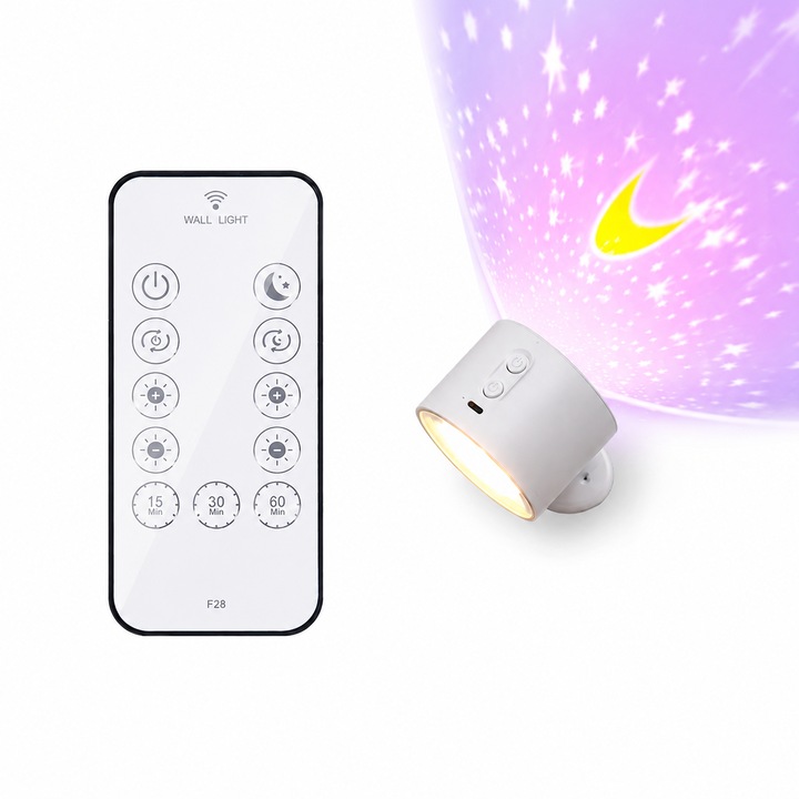 Taotigzu mágneses falra szerelhető csillagos ég projektoros lámpa, USB újratölthető, 3 fényerőfokozat, időzítő, 360°-os forgatás, vezeték nélküli, 8 x 6 x 11 cm, fehér