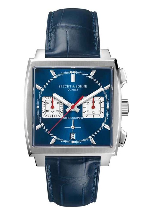 SPECHT & SÖHNE SP0009 kronográf óra, 39 mm, Seiko VK64 mechanizmus, 316L rozsdamentes acél, kék bőr szíj, 50 m vízálló