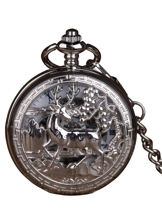 Gorben PM076 ezüst zsebóra - Steampunk, mechanikus, római számokkal, vintage retró lánccal