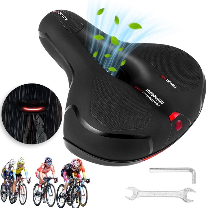 Juksun Sa bicicleta ergonomica, spuma memorie 5cm, 2 bile amortizoare, banda reflectorizanta, design goluri ventilatie, Pentru biciclete de munte, Usor de instalat, Potrivit pentru calatorii lungi