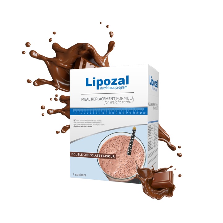 Supliment Alimentar pentru Slabire, Supliment care ofera Senzatia de Satietate, Bautura pentru Slabit si Detoxifiere, Controlul Greutatii, Reduce Pofta de Dulce, Supliment cu Fibre pentru Satietate, Aroma de Ciocolata, Solutie Orala, 7 Plicuri, Lipozal