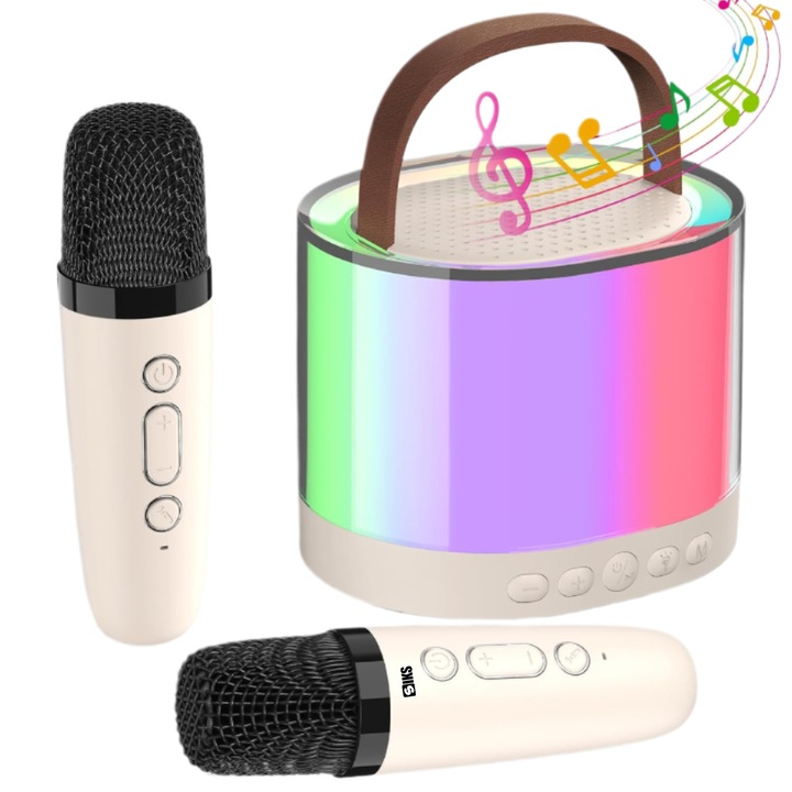 Bluetooth Karaoke Hangszóró Szett SIKS Hordozható, 2 Vezeték Nélküli Mikrofonnal, Gyermekeknek és Felnőtteknek, 2 az 1-ben Készlet Bulikhoz, Énekeffektek, Micro USB Kártyahely, RGB LED Fény, TV és Telefon Csatlakozás, USB Type C Töltés, K52, Krém