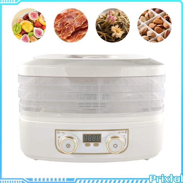 Deshidrator de alimente, material de calitate alimentara, temperatura 35-70°C, timer 1~12h, 220W, uscare eficienta, zgomot redus, 3 tavi, doua butoane rotative, potrivit pentru fructe/legume/carne, alb