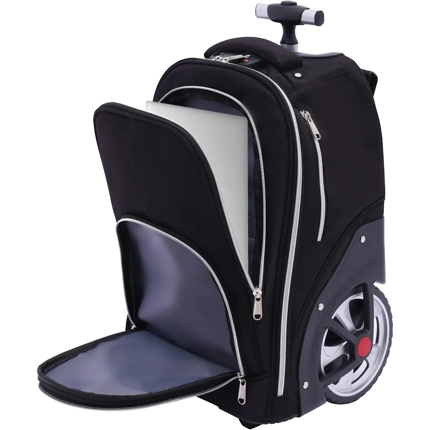 Rucsac laptop cu roti, Rucsac tip trolley pentru notebook 38 cm, Bagaj de mana, Capacitate mare, Material Oxford, Unisex, Negru