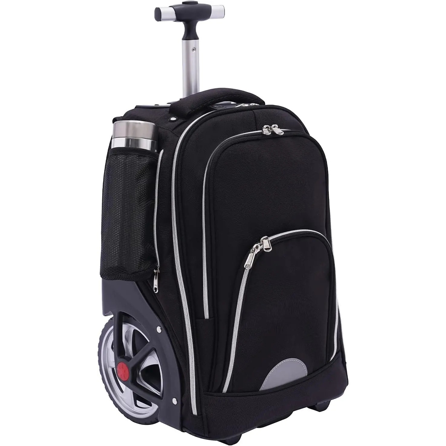 Rucsac laptop cu roti, Rucsac tip trolley pentru notebook 38 cm, Bagaj de mana, Capacitate mare, Material Oxford, Unisex, Negru