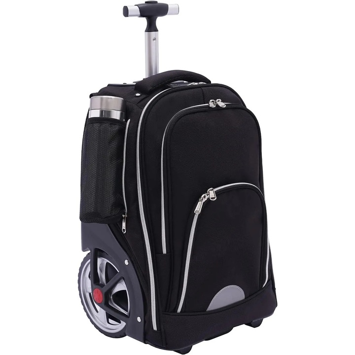 Laptop hátizsák kerekekkel, Trolley típusú hátizsák notebookhoz 38 cm, Kézipoggyász, Nagy kapacitás, Oxford anyag, Uniszex, Fekete