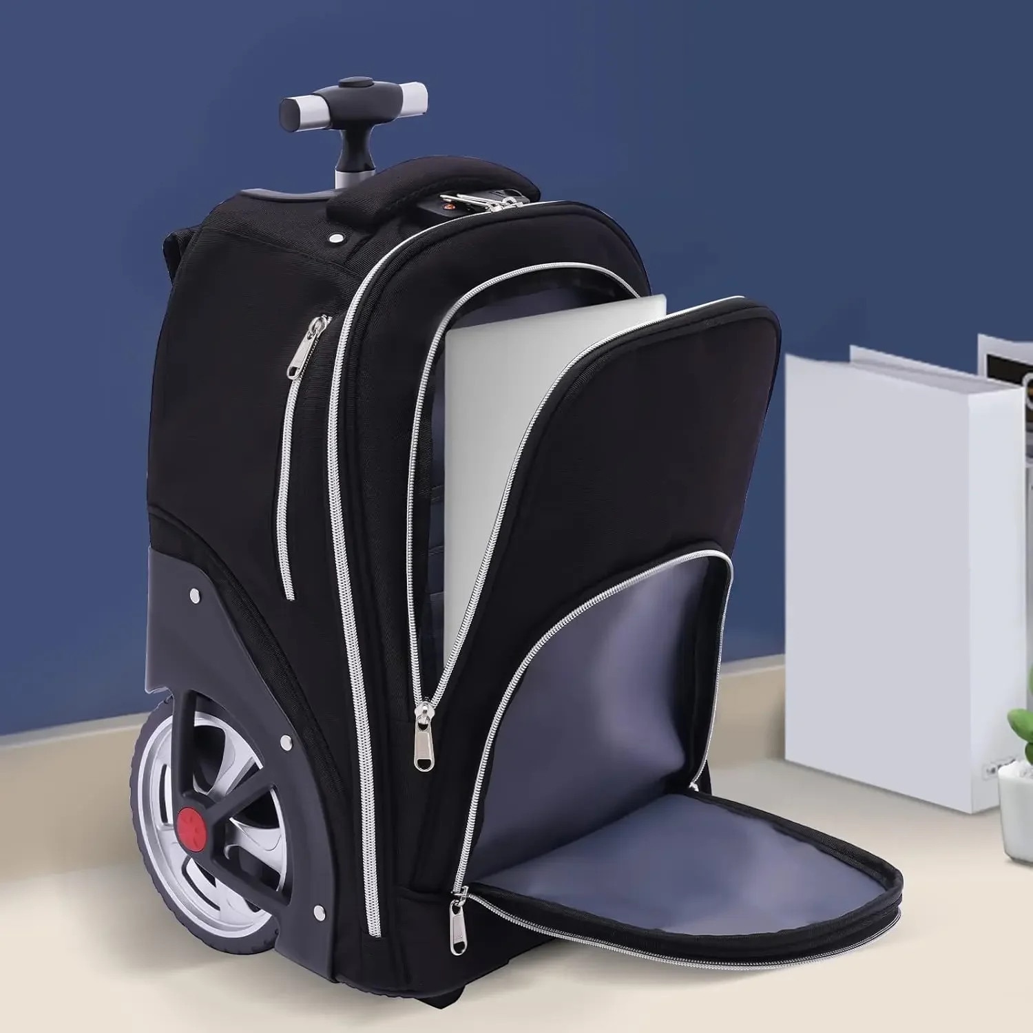 Rucsac laptop cu roti, Rucsac tip trolley pentru notebook 38 cm, Bagaj de mana, Capacitate mare, Material Oxford, Unisex, Negru
