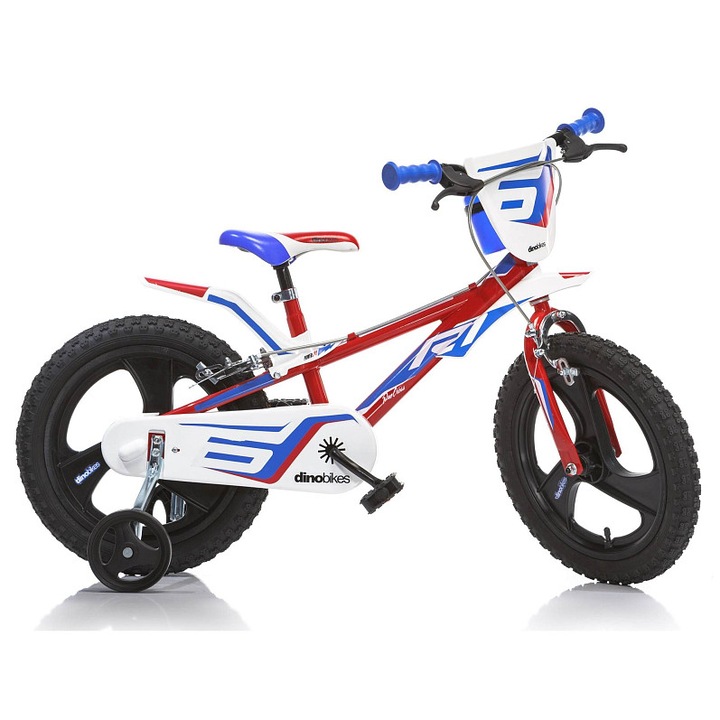 Детски велосипед Dino Bikes R1, 16" колела с пневматични гуми, HiTech стоманена рамка, със система за свободен ход и помощни колела, Многоцветен, 5-6 години (107-127 см)
