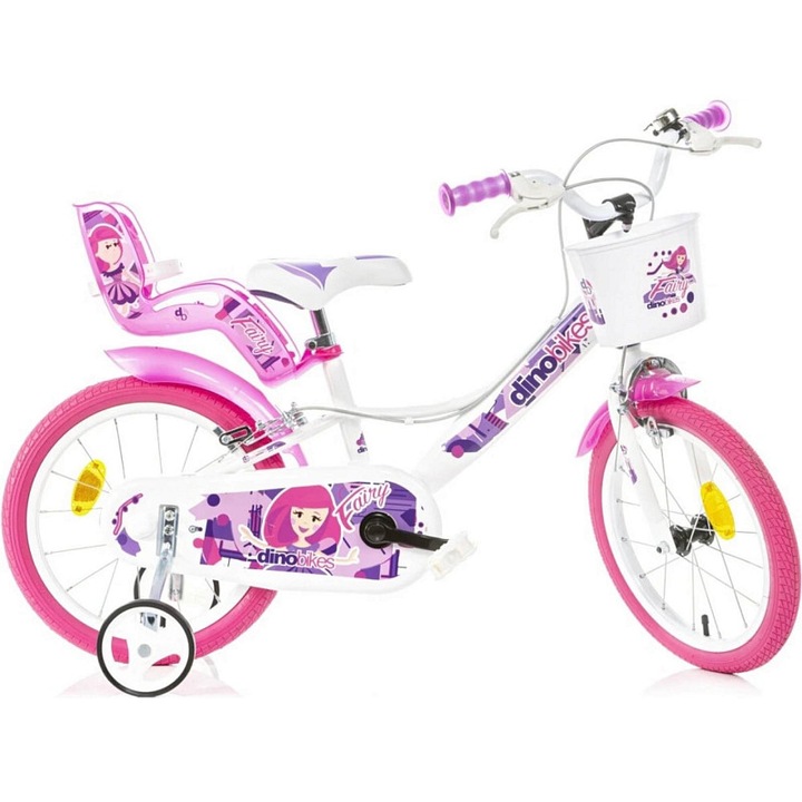 Велосипед Dino Bikes Fairy 16, олекотена стоманена рамка HiTech, предни и задни спирачки, бял/розов, 16"