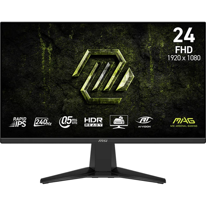 Монитор Gaming MSI MAG 245F X24, 23.8", FHD (1920x1080), Rapid IPS, 240Hz, 0.5ms (GtG, Min.), AMD FreeSync™ Premium, HDR Ready, AI Crosshair, AI Vision, Eye Care, 2x HDMI™ 2.0b, DisplayPort 1.2a, Черен