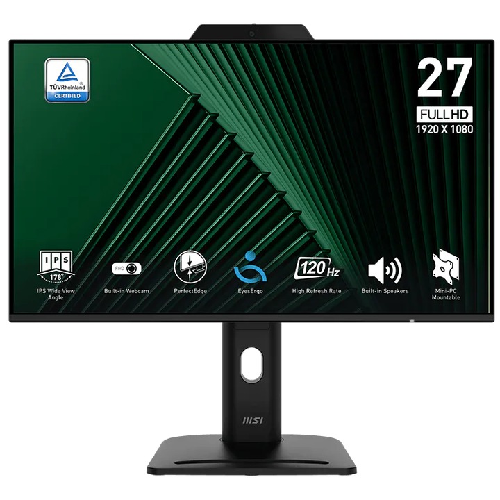 Монитор Business MSI PRO MP272PMG, 27", FHD (1920x1080), IPS, 120Hz, 1ms (MPRT) / 4ms (GTG), HDR Ready, Adaptive-Sync, Високоговорители 2Wx2, Вградена уеб камера, EyesErgo Tech, HDMI™ 1.4b, DisplayPort 1.2a, VGA, USB, Ергономичен, Pivot, Черен