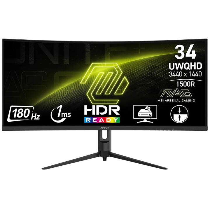 Монитор Gaming MSI MAG 342CQR E2, 34", Извит, UWQHD (3440x1440), VA, 180Hz, 1ms (MPRT), Curve 1500R, AMD FreeSync™ Premium, Eye Care, AI Vision, Less Blue Light, HDR Ready, 1 x DisplayPort 1.4a, 2 x HDMI™ 2.0b(UWQHD@100Hz), Pivot, Черен