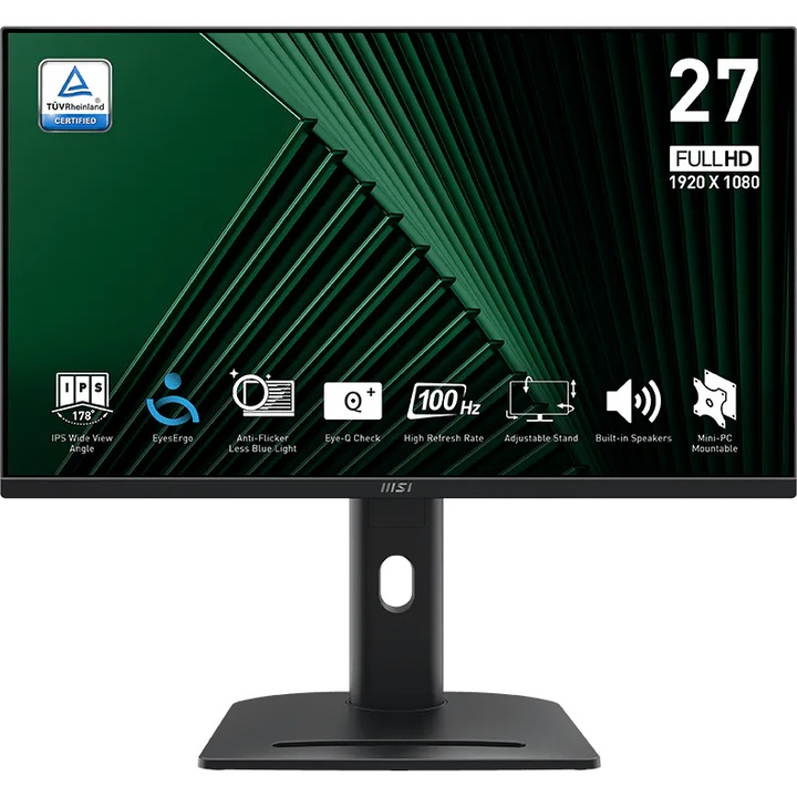 Монитор Business MSI PRO MP275PG, 27", FHD (1920x1080), IPS, 100Hz, 1ms (MPRT) / 4ms (GTG), Adaptive-Sync, 2Wx2 Високоговорители, EyesErgo Tech, HDMI™ 1.4b (FHD@100Hz), DisplayPort 1.2a, VGA, USB, Ергономичен, Pivot, Черен