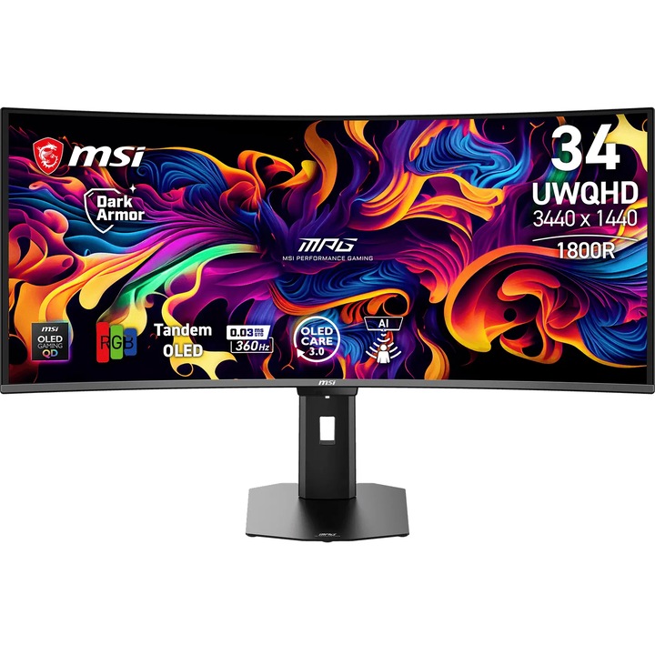 Monitor Gaming curbat MSI MPG 341CQR QD-OLED X36, 34", UWQHD (3440x1440), Curve 1800R, 360Hz, 0.03ms (GtG), G-SYNC Compatible, AMD FreeSync™ Premium Pro, HDR True Black 500, ClearMR 18000, HDMI™ 2.1, DP 2.1a, USB-C 96W PD, USB, Pivot (-10° ~ 10°), Negru
