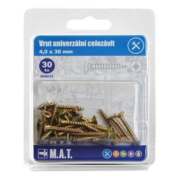 Surub universal M.A.T. GROUP 4 x 30 mm, filet complet, zincat, galben, 30 buc