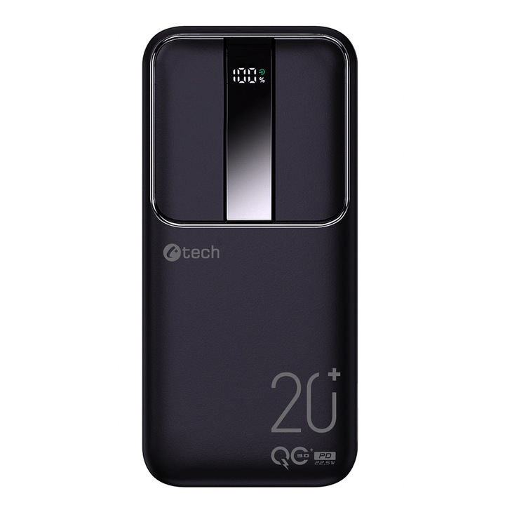 Powerbank / külső akkumulátor C-Tech PBPD-20 20000mAh Li-Pol, 22,5W, USB-C/USB-A/micro USB, PD/Quick Charge, LED kijelző, fekete, 136x68x27mm