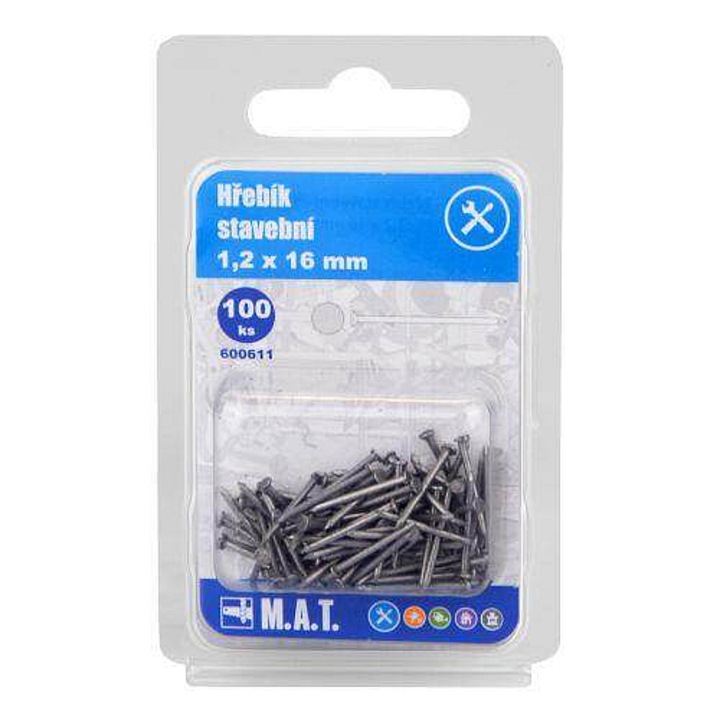 M.A.T. GROUP építőipari szegek 1,2 x 16 mm, szegek építkezéshez és asztalosmunkához, ezüst, 100 db