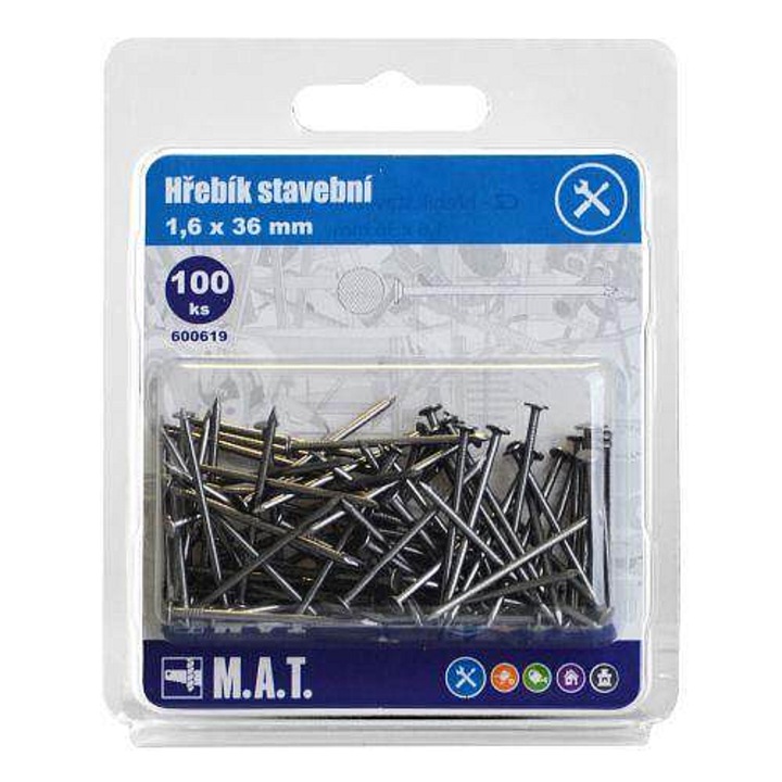 M.A.T. GROUP Építőipari szegek 36 x 1,6 mm, építési és asztalosmunkákhoz, Ezüst, 100 db