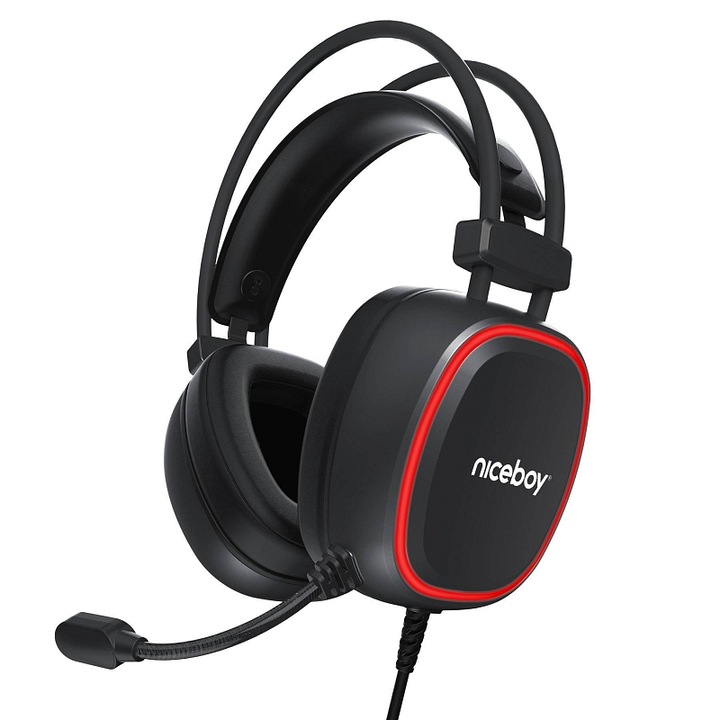 Casti gaming Niceboy ORYX X330 Cubix, sunet 7.1, negru-rosu, USB, 50mm, ajustabile
