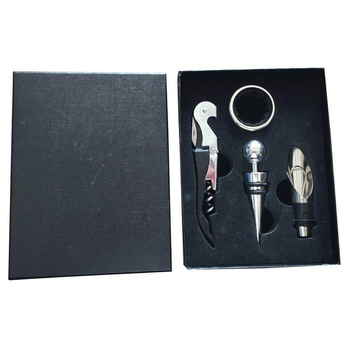 Set pentru vin M.A.T. GROUP, tirbuson cu lama, dop si inel antipicurare, palnie, din zinc si ABS, argintiu, 4 piese